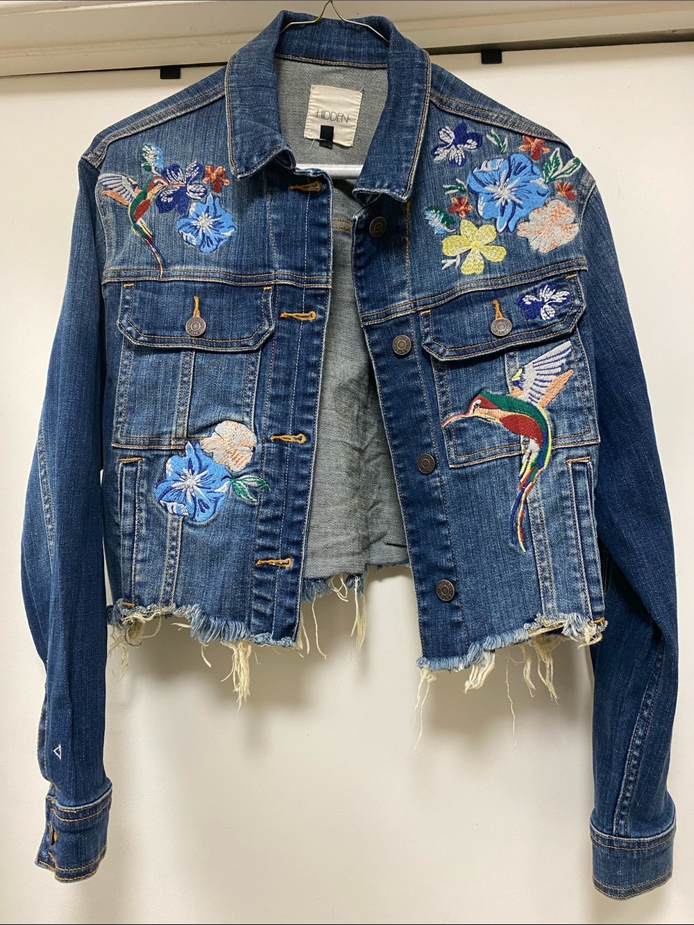 Embroidered Distressed Blue Denim Jacket with Floral & Hummingbird Motifs